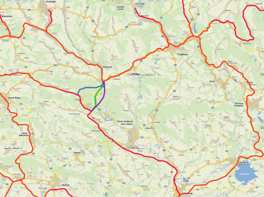 Mapka stávajících (červeně) a navrhované trati.